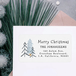 Étiquette Joyeux Noël scandinave Arbres de la forêt hivernal