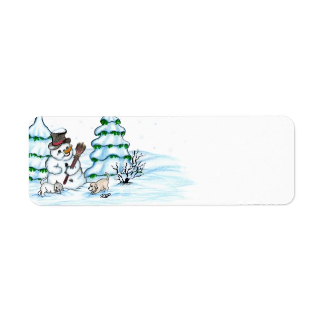 Étiquette Joyeux Noël ! Snowman avec chat et chiot (Devant)