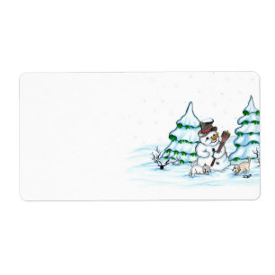 Étiquette Joyeux Noël ! Snowman avec chat et chiot