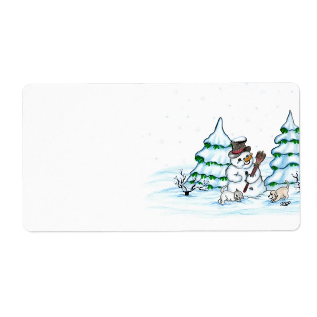 Étiquette Joyeux Noël ! Snowman avec chat et chiot (Devant)