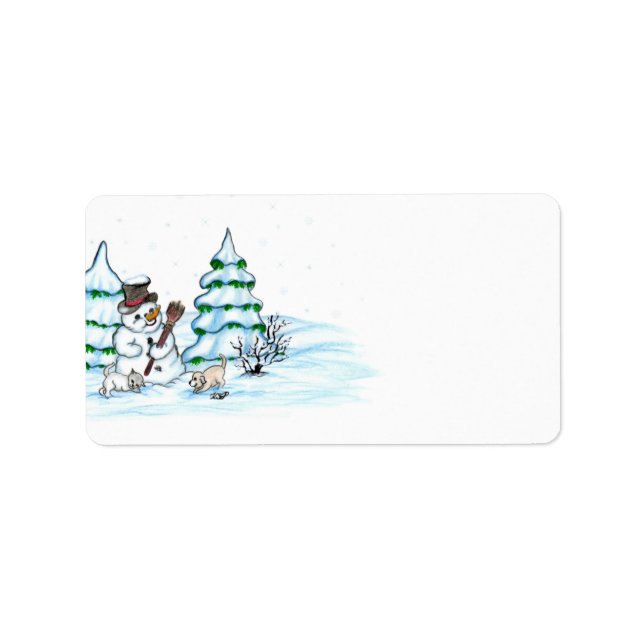 Étiquette Joyeux Noël ! Snowman avec chat et chiot (Devant)