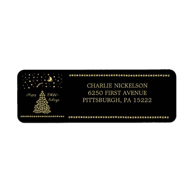 Étiquette Joyeux Pawlidays, Or brillant Paw sapin de Noël (Devant)
