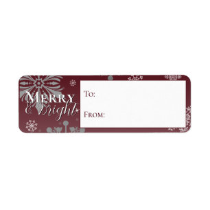 Étiquette Joyeux rouge et flocons de neige brillants de et v