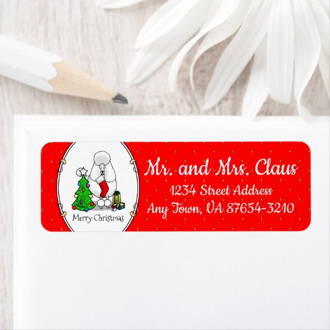 Étiquette Joyeux sapin de Noël 2 caniche (blanc) chien migno (En situation)