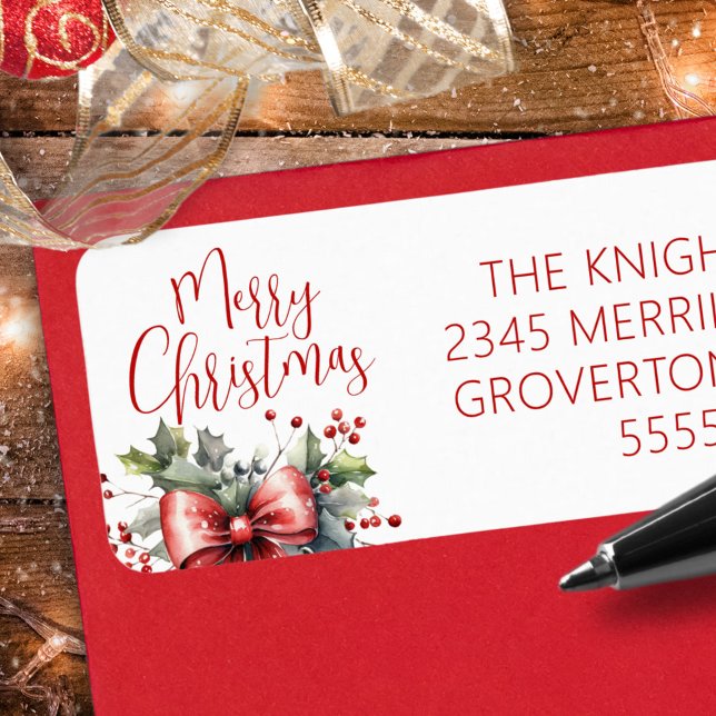 Étiquette Joyeux script de Noël moderne Bow rouge (Créateur téléchargé)