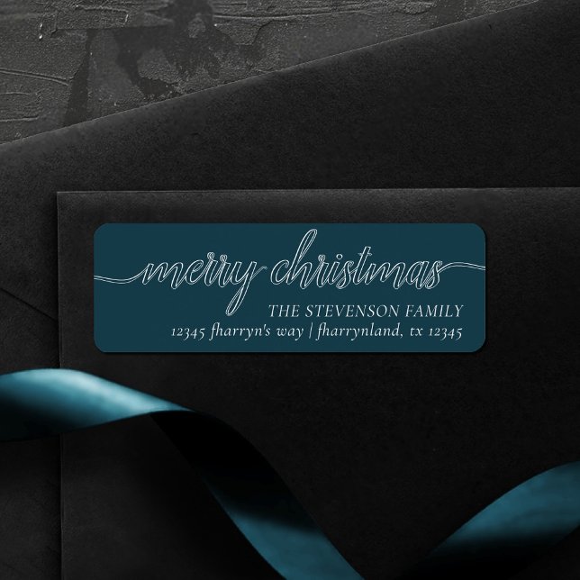 Étiquette Joyeux script de Noël | Moody Dark Turquoise Addre (Créateur téléchargé)