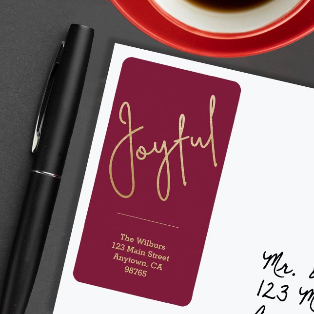 Étiquette JOYFUL Gold Faux Foil Cranberry Adresse (JOYFUL Faux Gold Foil on Cranberry Return Address Labels)