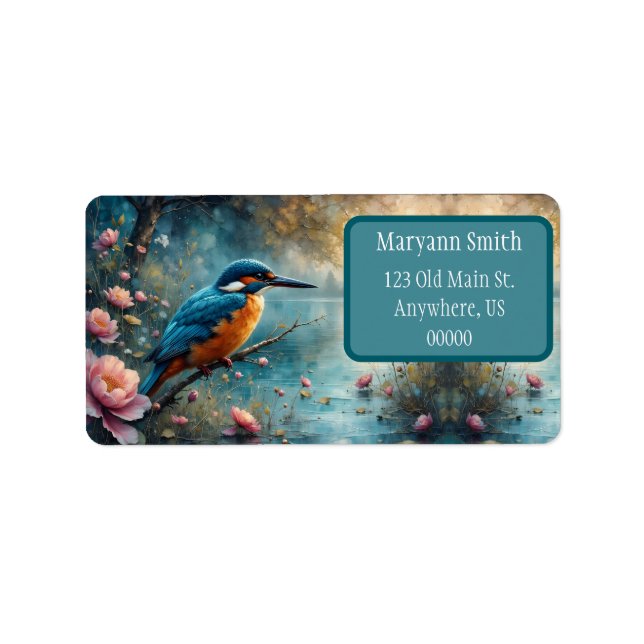 Étiquette Kingfisher perché sur des fleurs roses d'eau (Devant)