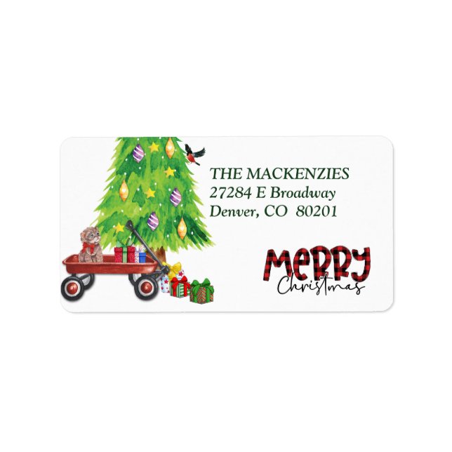 Étiquette Kitten in Wagon and Christmas Tree Adresse de reto (Devant)