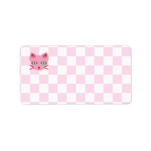 Étiquette Kitty Chat Anime Kawaii Rose & Blanc Damier