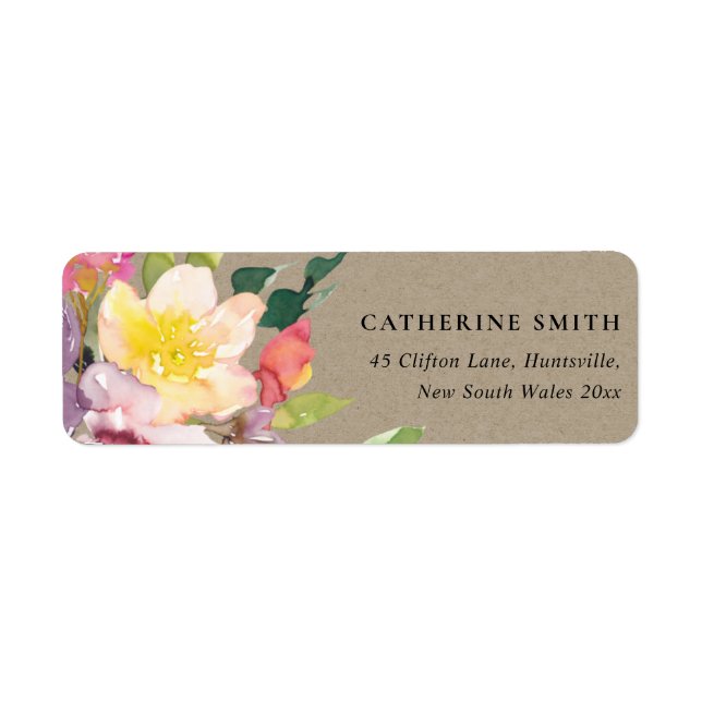 ÉTIQUETTE KRAFT YELLOW BLUSH BURGUNDY FLORAL BUNCH ADRESSE (Devant)