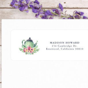 Étiquette La théière et les fleurs d'aquarelle renvoient