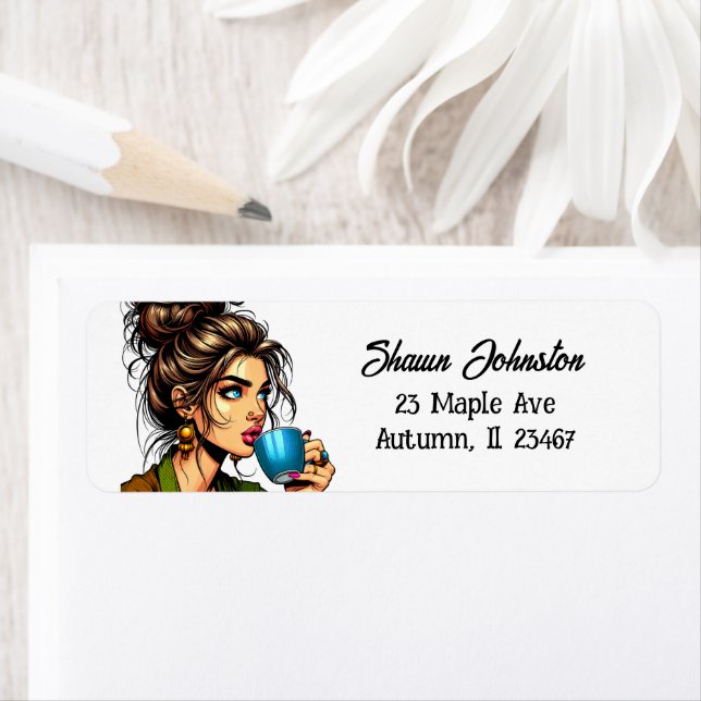 Étiquette Lady in Messy Bun Boire Café (En situation)