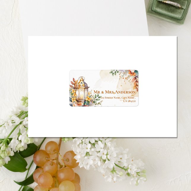 Étiquette Lanterne rustique jaune Floral Adresse Mariage de  (Cute Lantern Yellow Floral Fall Wedding Address Label)