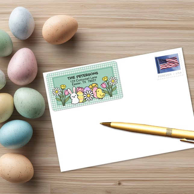 Étiquette Lapin de Pâques Poussins Œufs Fleurs Gingham Vert (Créateur téléchargé)