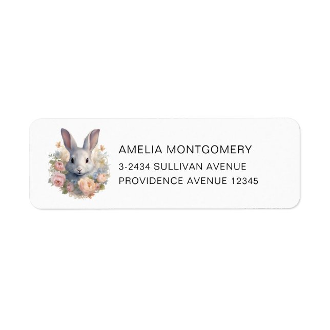 Étiquette Lapin Entouré de Fleurs Pastel Adresse Mignonne (Devant)