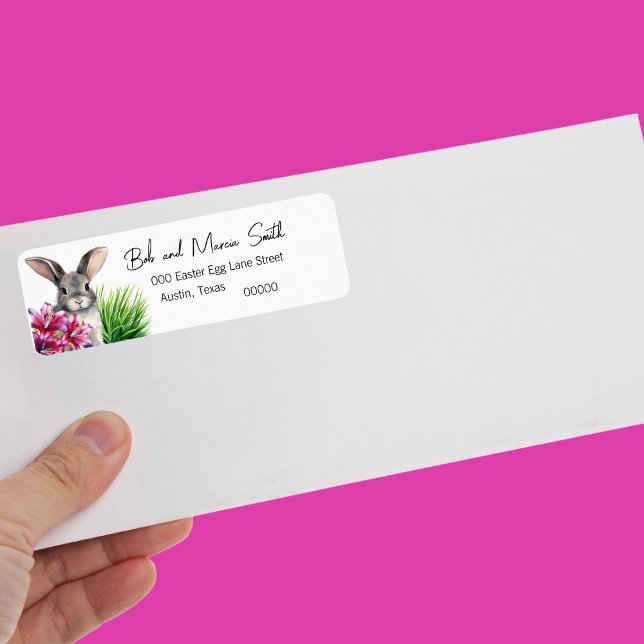 Étiquette Lapin et Stargazer Lily pour Pâques (Cute bunny with Easter Stargazer Lily in pink and purple Easter return address labels)