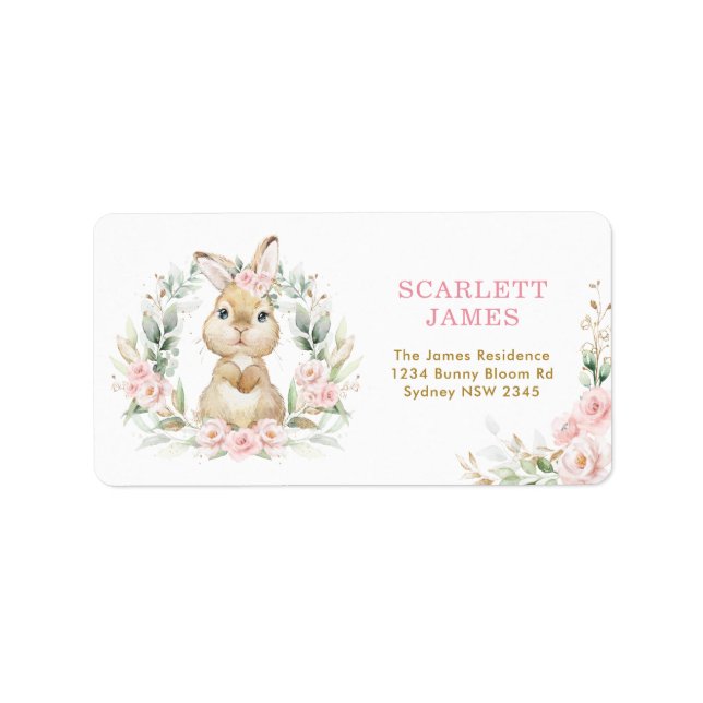 Étiquette Lapin Lapin Rose Floral Lapin Baby Girl Adresse de (Devant)