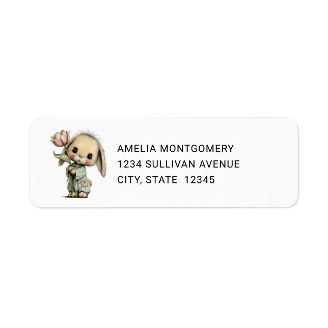 Étiquette Lapin Mignon Tenant une Tulipe - Adresse (Devant)