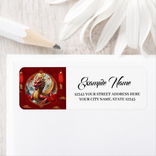 Étiquette Le dragon chinois rouge or vous souhaite une bonne (En situation)