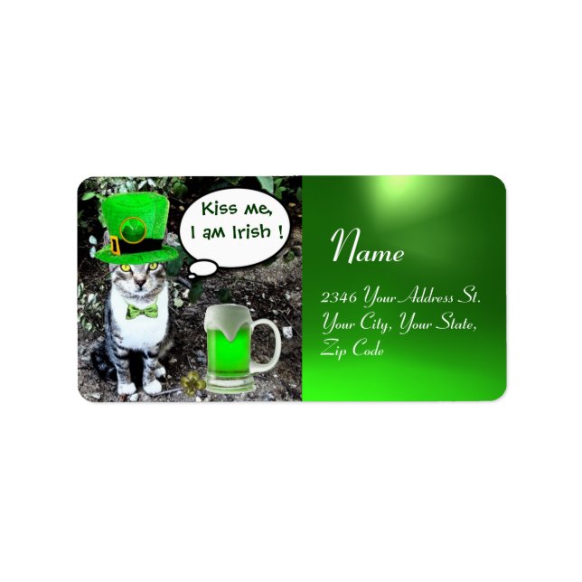 ÉTIQUETTE LE JOUR DE SAINT PATRICK CAT WITH GREEN IRISH (Devant)