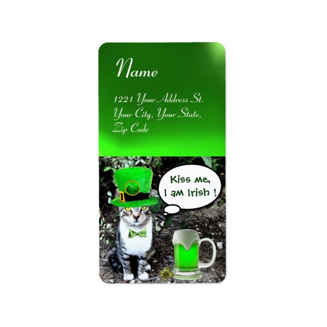 ÉTIQUETTE LE JOUR DE SAINT PATRICK CAT WITH GREEN IRISH (Devant)