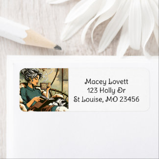 Étiquette Lecture douce Lady avec café et chat