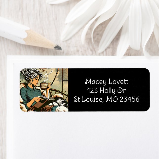 Étiquette Lecture douce Lady avec café et chat (En situation)