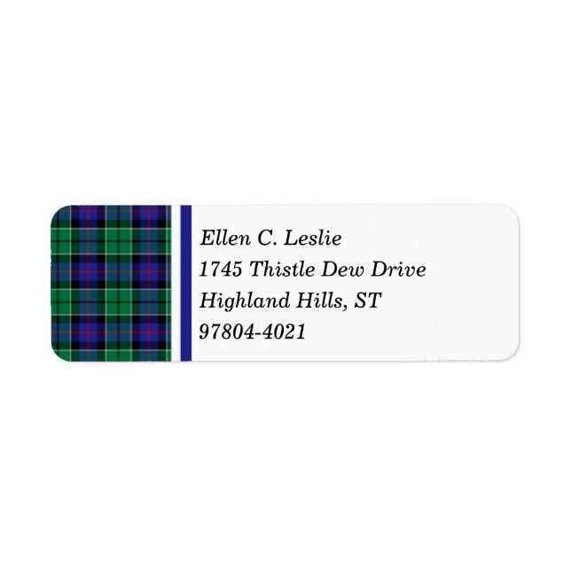 Étiquette Leslie Clan Royal Blue et Green Scottish Tartan (Devant)