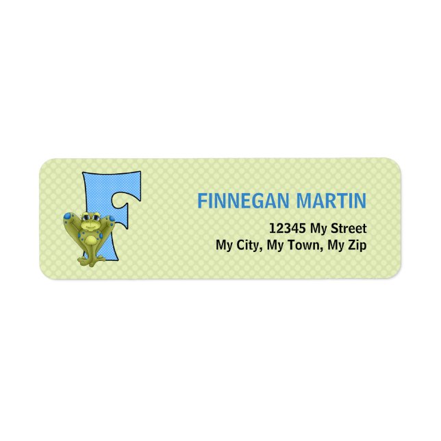Étiquette Lettre F Bleu et Grenouille verte Adresse de retou (Devant)