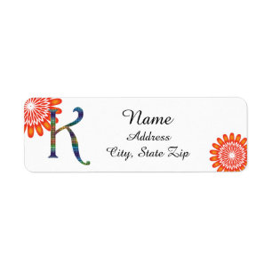 Étiquette Lettre K mosaïque en orange vif floral