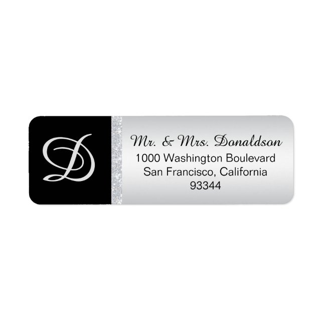 Étiquette LETTRE Parties scintillant D'ARGENT NOIR MONogramm (Devant)