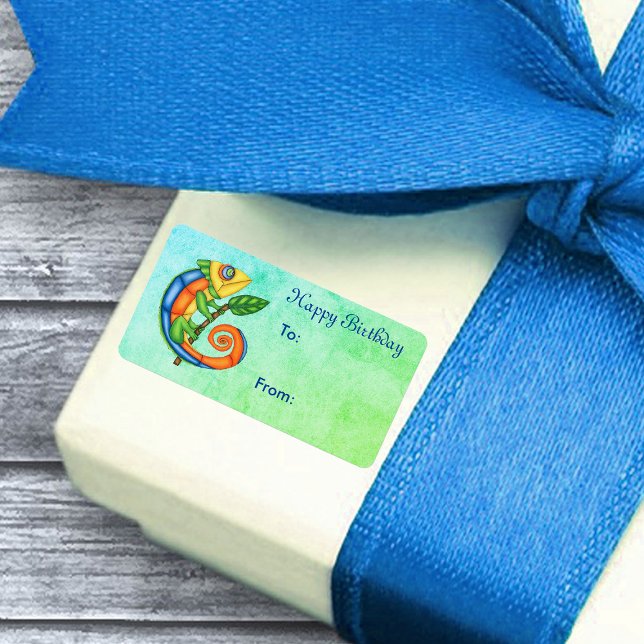 Étiquette Lézard d'anniversaire Couleurs vives Bleu Vert (fun lizard with leaf in bright colours big eyes on blue green birthday gift tag sticker.)