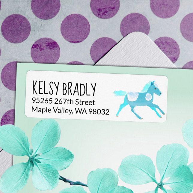 Étiquette Libellé d'adresse de retour Galloping Turquoise Po (turquoise light blue galloping pony address label sticker return address mailing ponies)