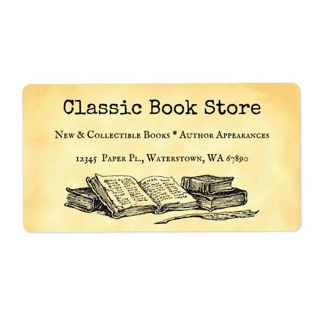 Étiquette Librairie Modifiable Vieux Livres et Plume (Devant)