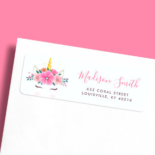 Étiquette Licorne visage floral étoiles aquarelle personnali
