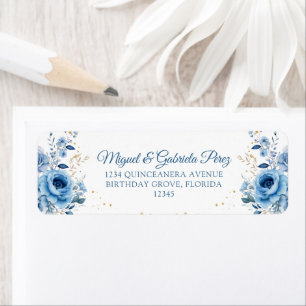 Étiquette Light Blue Floral Gold Parties scintillant Adresse