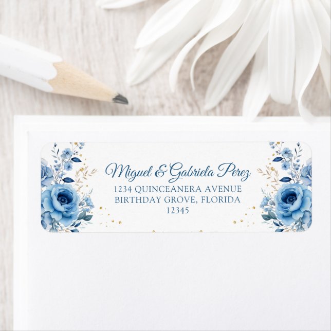 Étiquette Light Blue Floral Gold Parties scintillant Adresse (En situation)