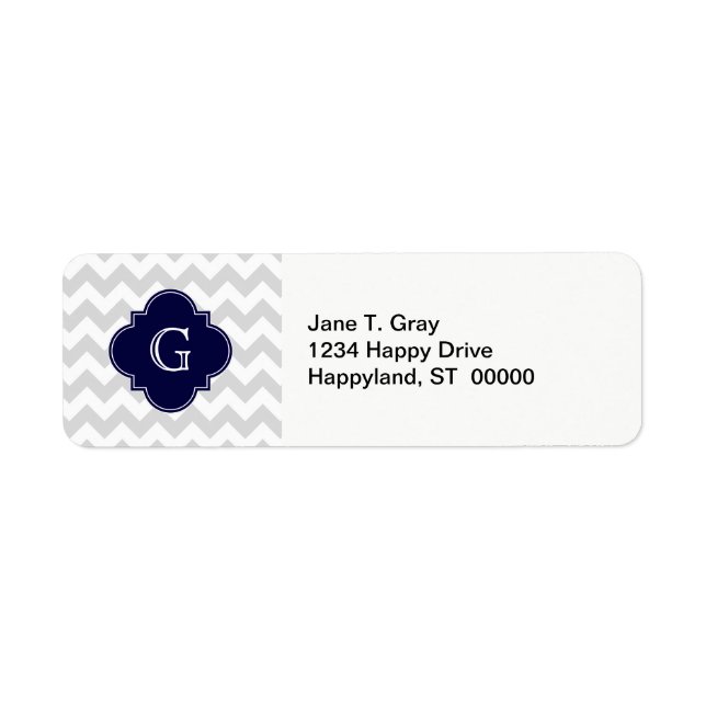 Étiquette Light Gray White Chevron Navy Quatrefoil Monogram (Devant)