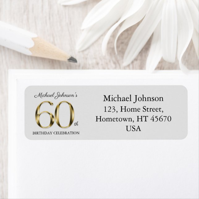 Étiquette Light Grey 60th Birthday Gold Texte Adresse de ret (En situation)