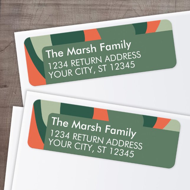 Étiquette Ligne biologique Art Abstrait - 1 Photo Jade Coral (Return Address Label with Organic Curves in Jade and Tangerine)