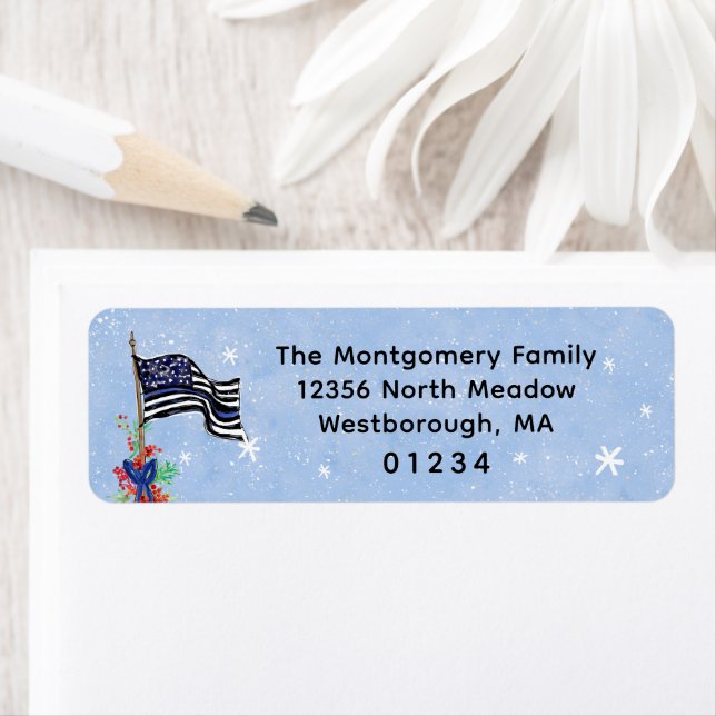 Étiquette Ligne Bleue Mince Police Drapeau Vacances Adresse  (En situation)