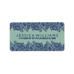 Étiquette Ligne Faux Vert Mint Dentelle Paisley Bleue