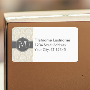 Étiquette Lin beige et motif damassé charbon