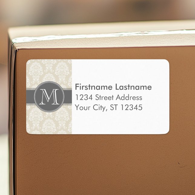 Étiquette Lin beige et motif damassé charbon (Custom Shipping Label with Return Address)