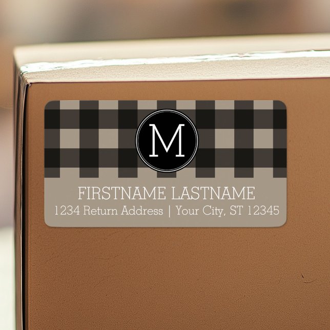 Étiquette Lin rustique Bison noir Plaid en vichy Monogramme (Custom Shipping Label with Return Address)