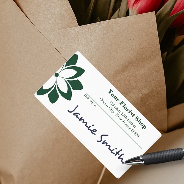 Étiquette Livraison de l'espace vert et blanc fleuriste et d (Green & White Florist & Destination Space Delivery Label, Custom Logo, Florist Shop Address)
