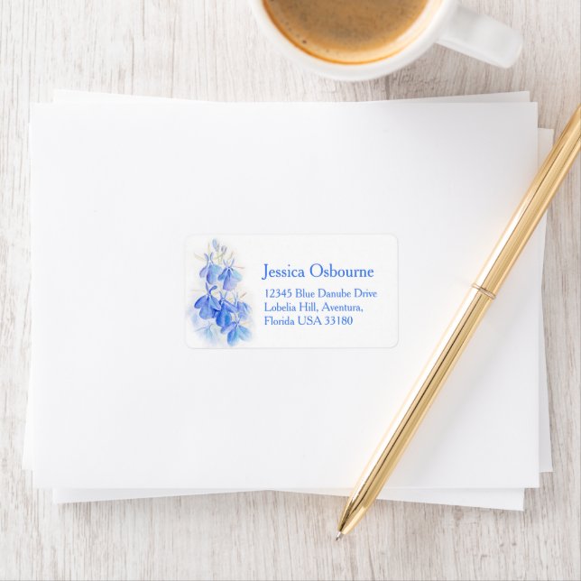Étiquette Lobelia blue watercolor wedding address label (En situation)