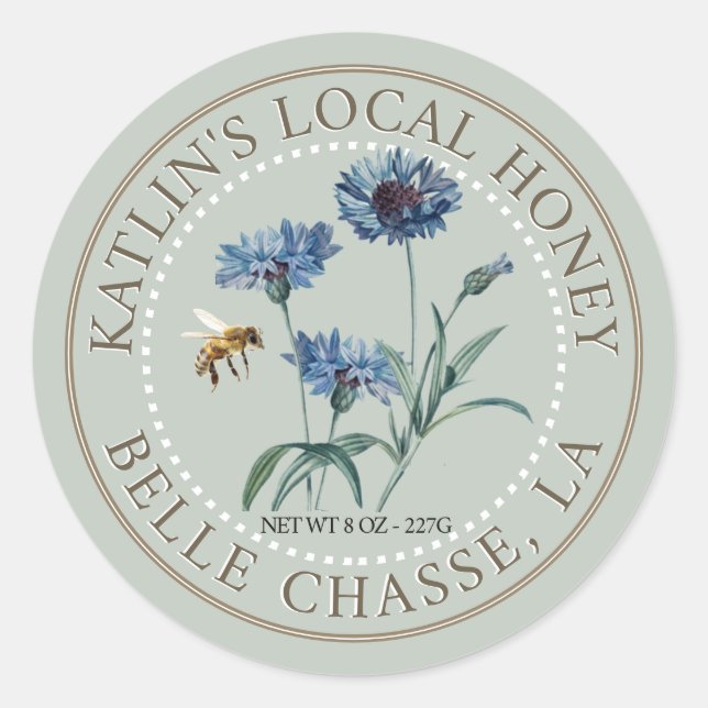 Étiquette local de miel avec aster bleu et abeille (Devant)