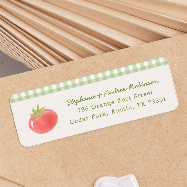 Étiquette Locally Grown Farmer's Market Return Address (watercolour tomato return address labels with gingham pattern detail)